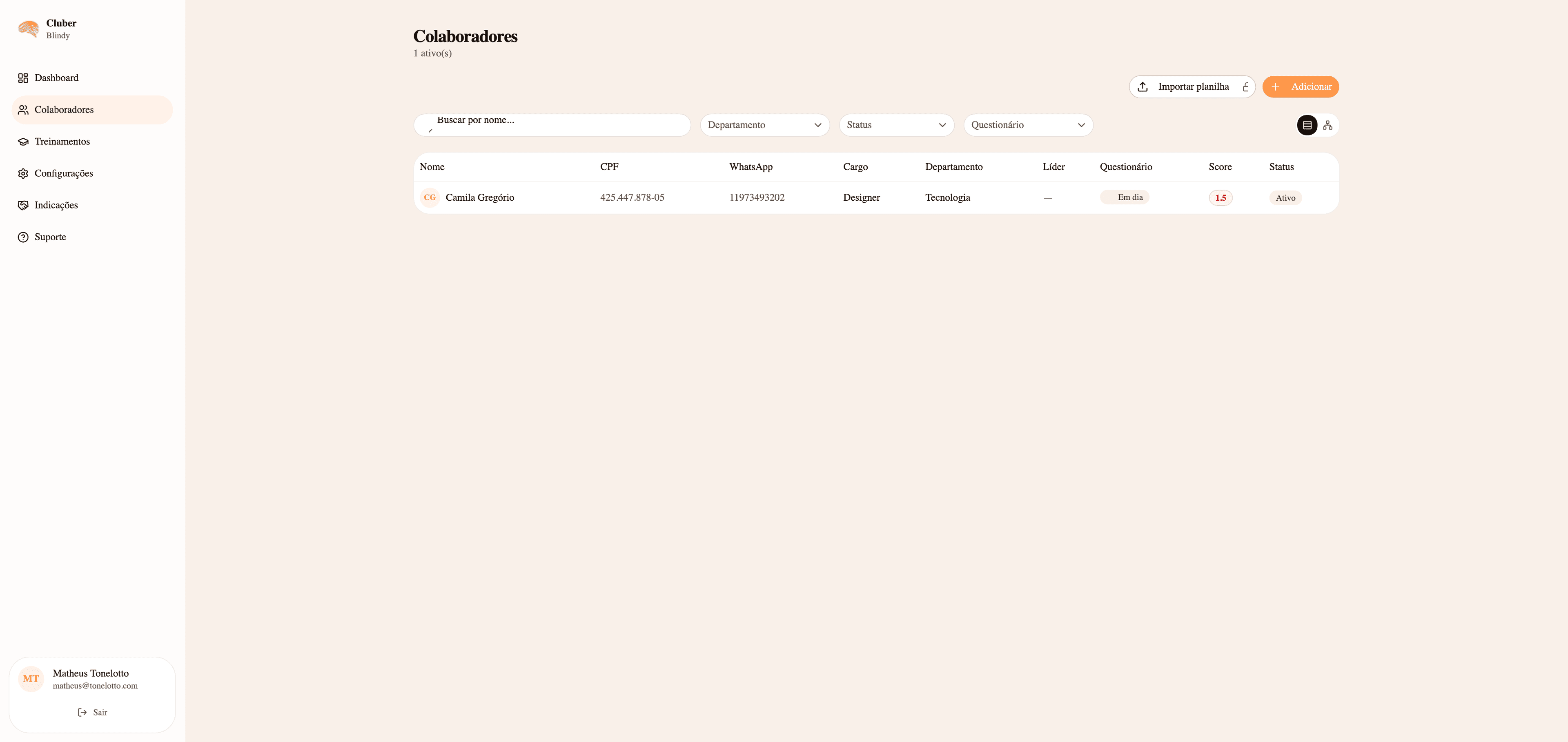 Lista de colaboradores no painel Blindy®