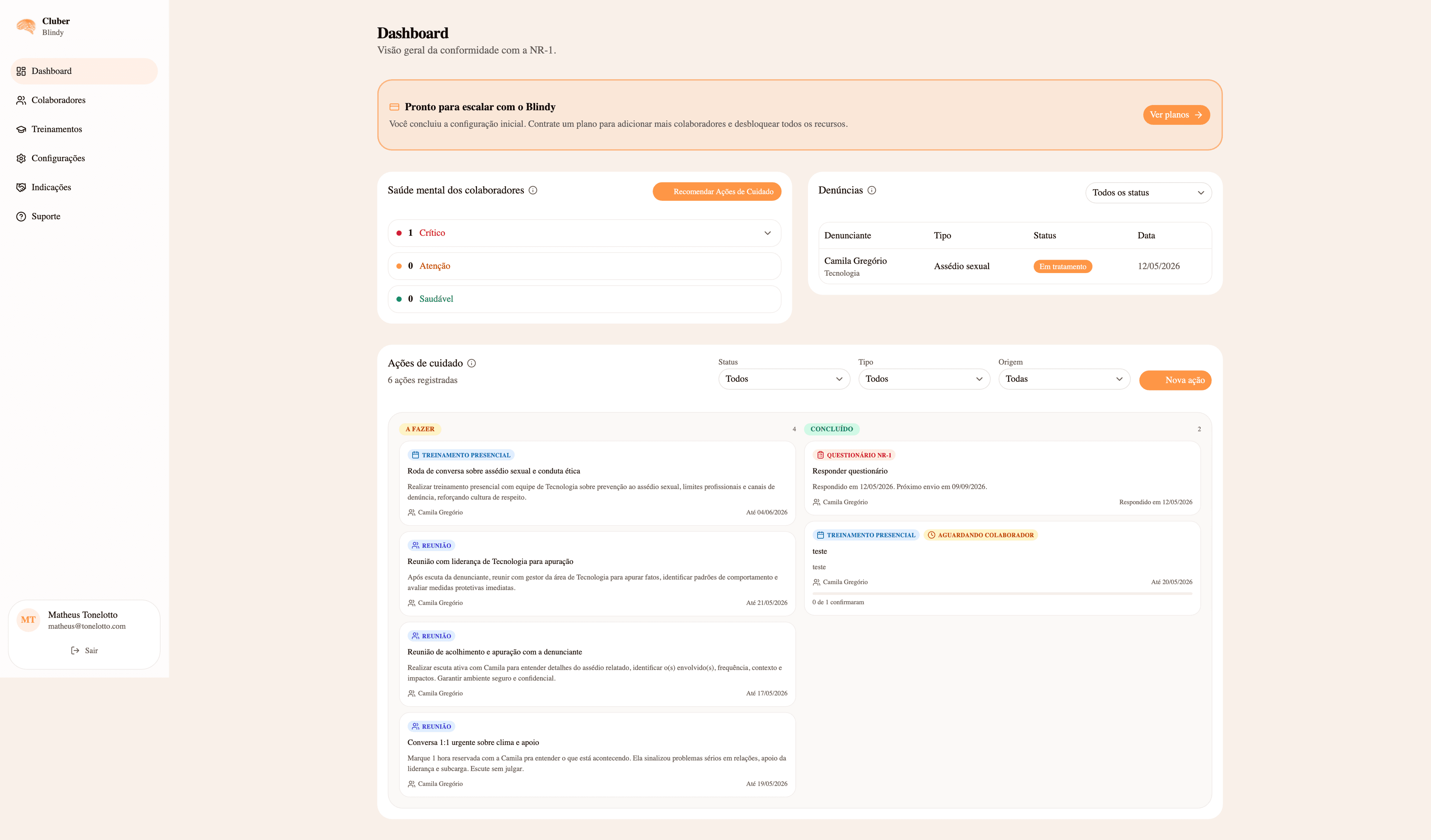 Dashboard Blindy com saúde mental, denúncias e ações de cuidado