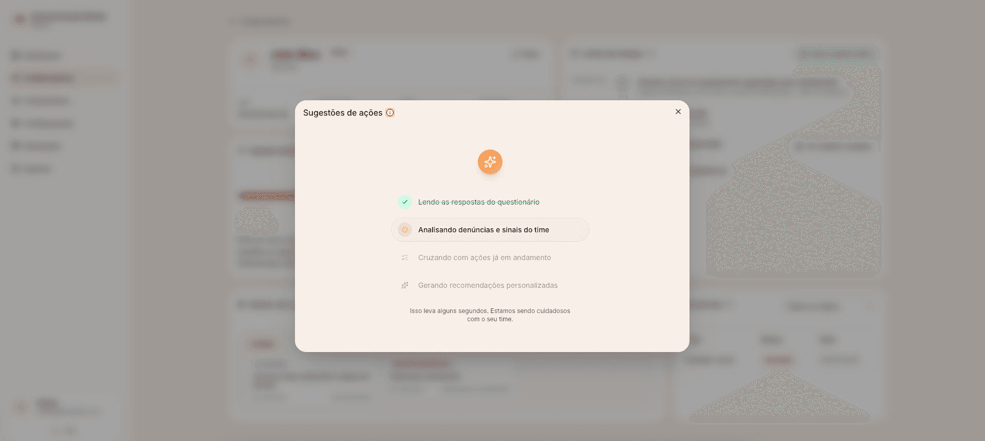 Tela de sugestões de ações da Blindy® analisando o time